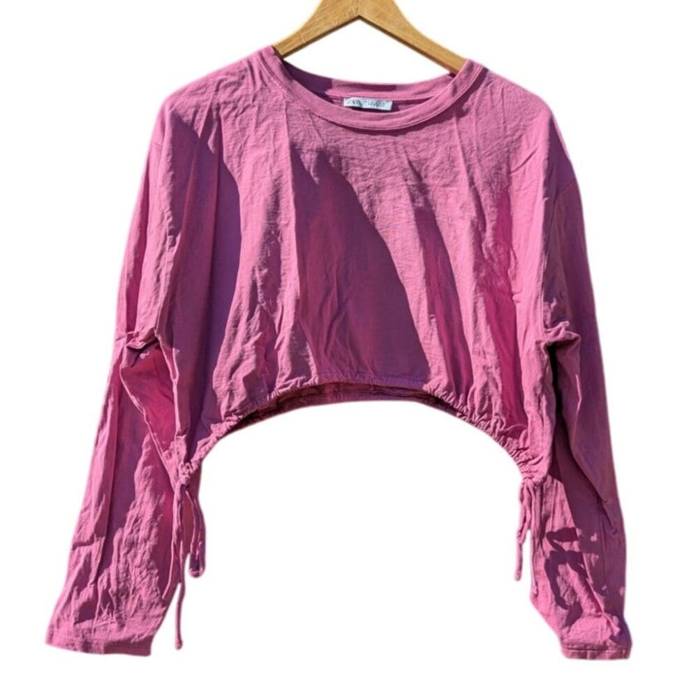 Zara L Pink Long Sleeve Flowy Crop Top Y2K All Natural Fiber Cotton Sustainable
